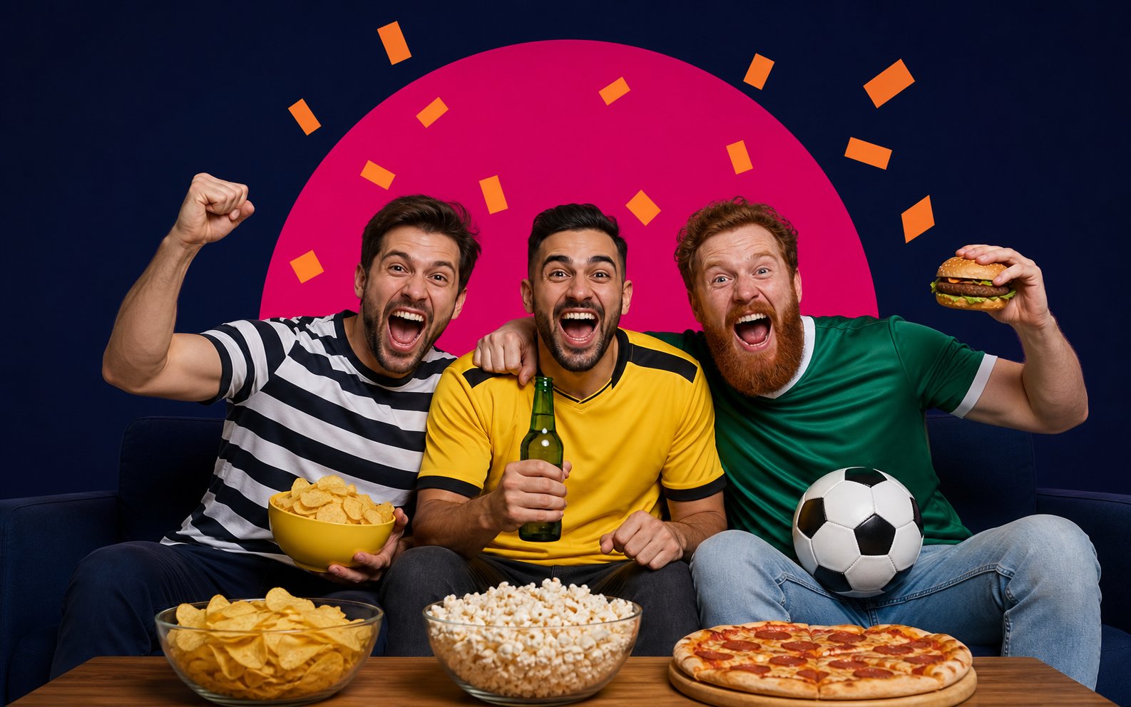 Sports fans celebrating with snacks while watching Teleview